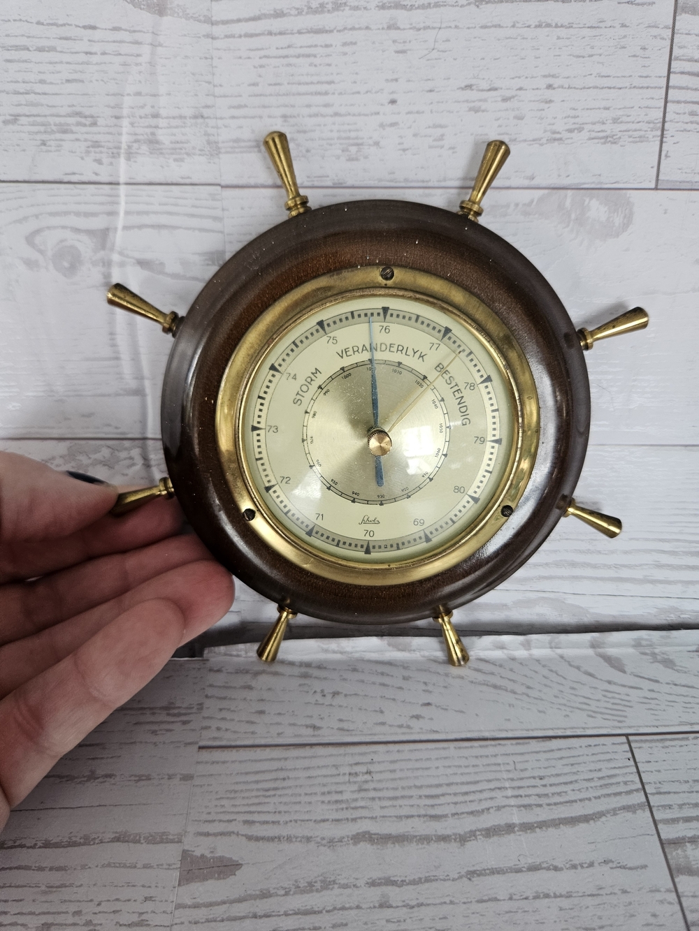 Vintage Ship Wheel Wall Barometer in Brown and Brass